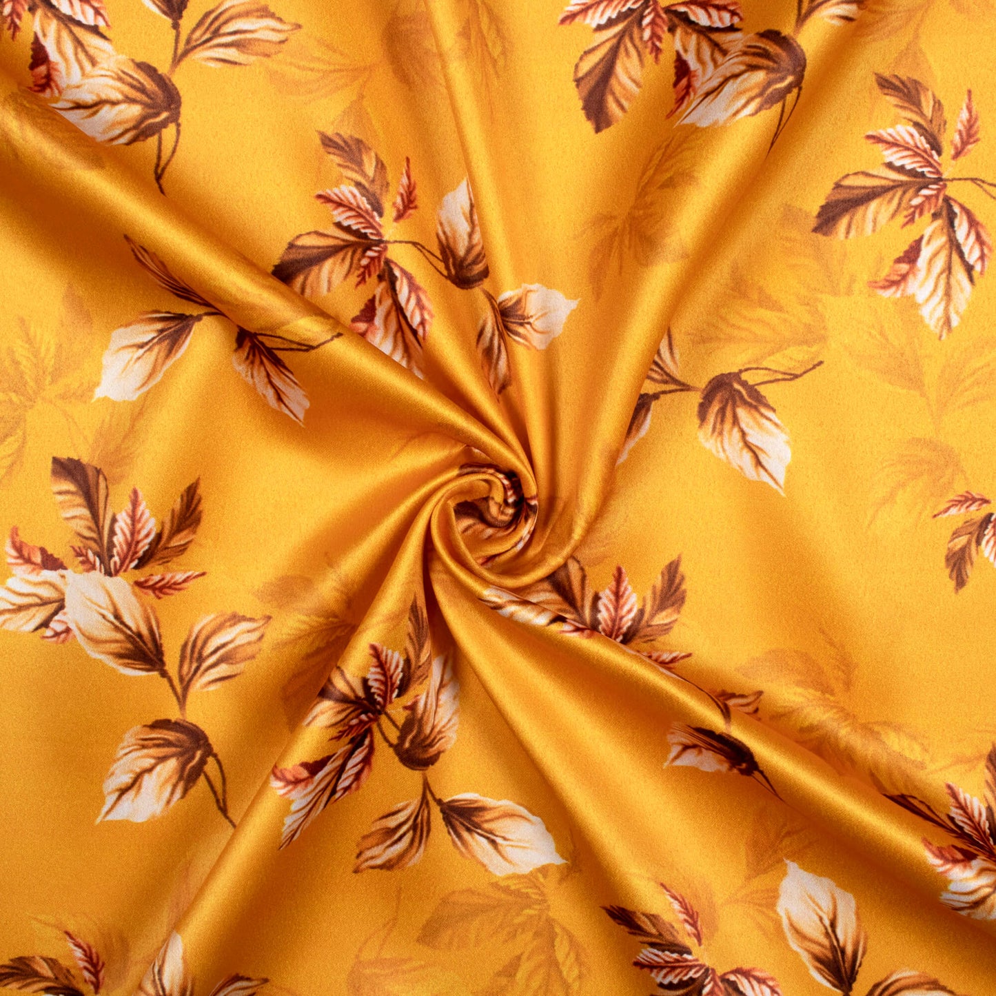 Fire Yellow And Brown Leaf Pattern Digital Print Charmeuse Satin Fabric (Width 58 Inches)