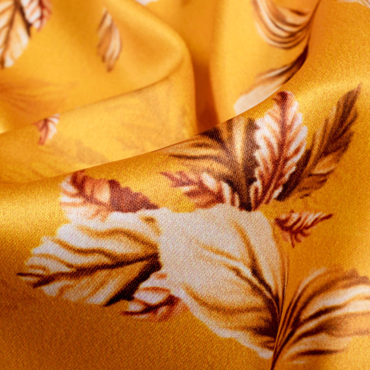 Fire Yellow And Brown Leaf Pattern Digital Print Charmeuse Satin Fabric (Width 58 Inches)
