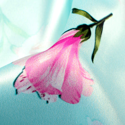 Pale Blue And Taffy Pink Floral Pattern Digital Print Charmeuse Satin Fabric (Width 58 Inches)