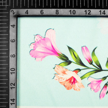 Pale Blue And Taffy Pink Floral Pattern Digital Print Charmeuse Satin Fabric (Width 58 Inches)