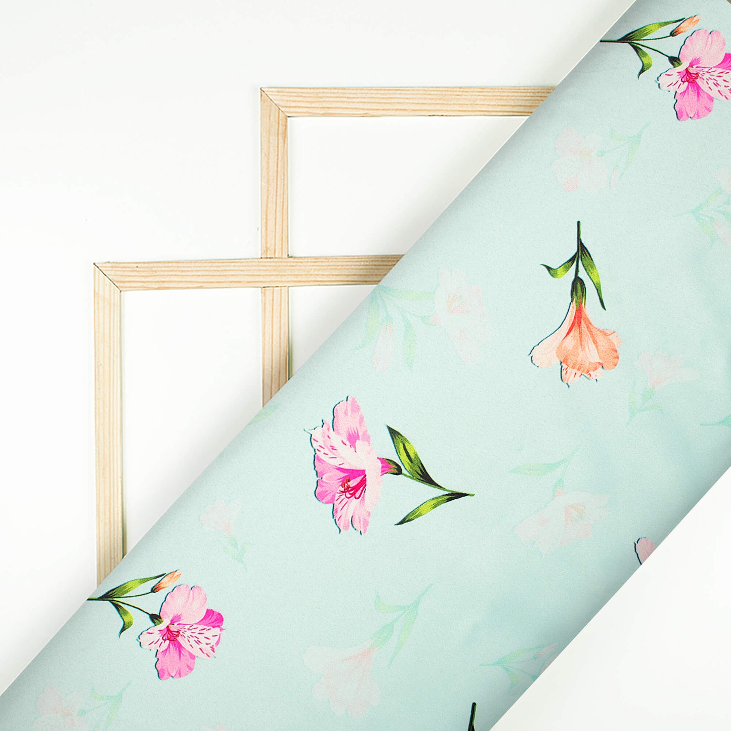 Pale Blue And Taffy Pink Floral Pattern Digital Print Charmeuse Satin Fabric (Width 58 Inches)