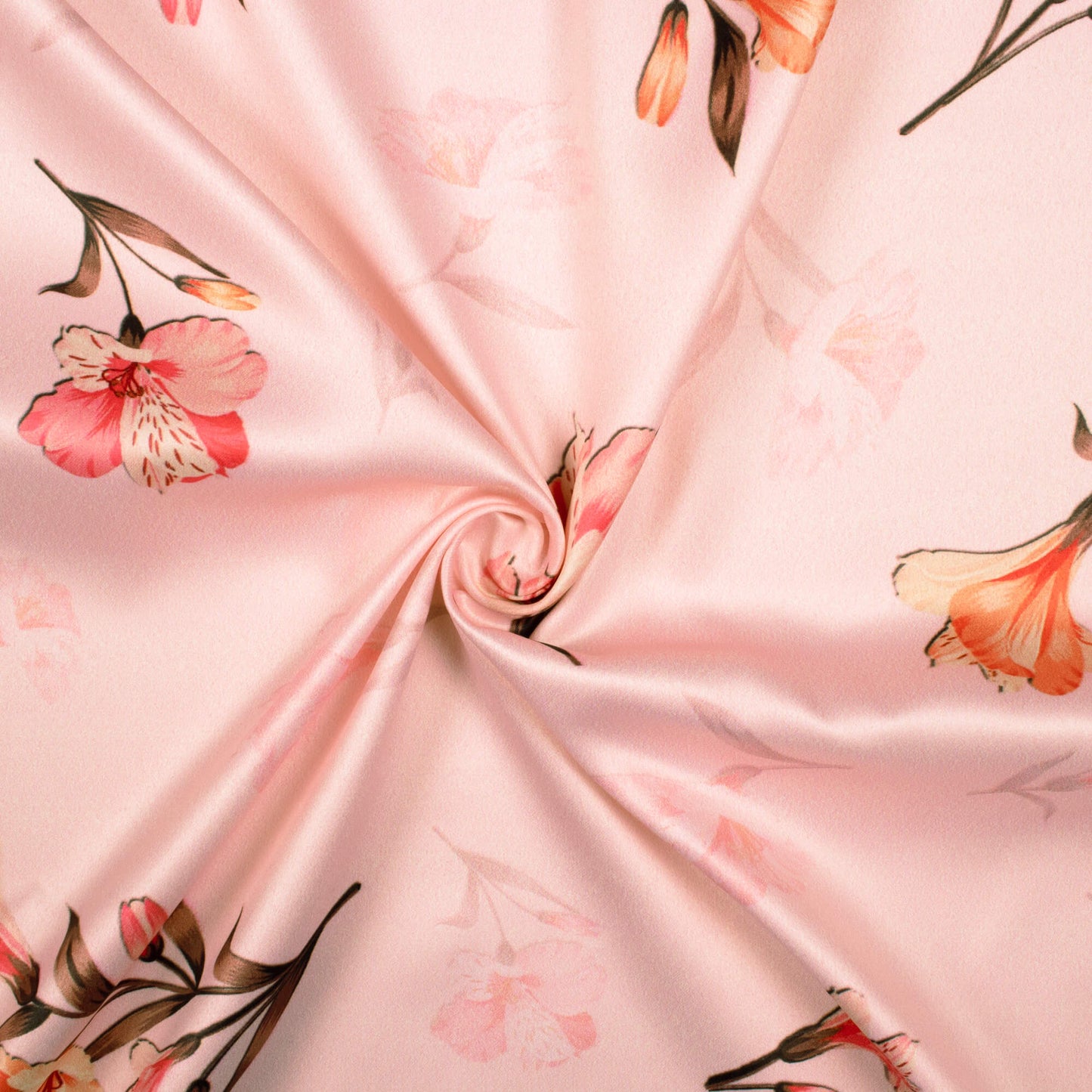Baby Pink Floral Pattern Digital Print Charmeuse Satin Fabric (Width 58 Inches)