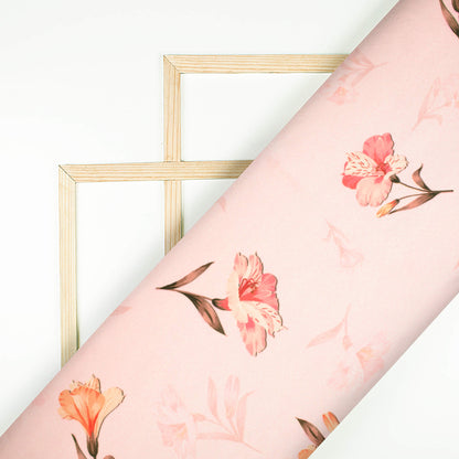 Baby Pink Floral Pattern Digital Print Charmeuse Satin Fabric (Width 58 Inches)