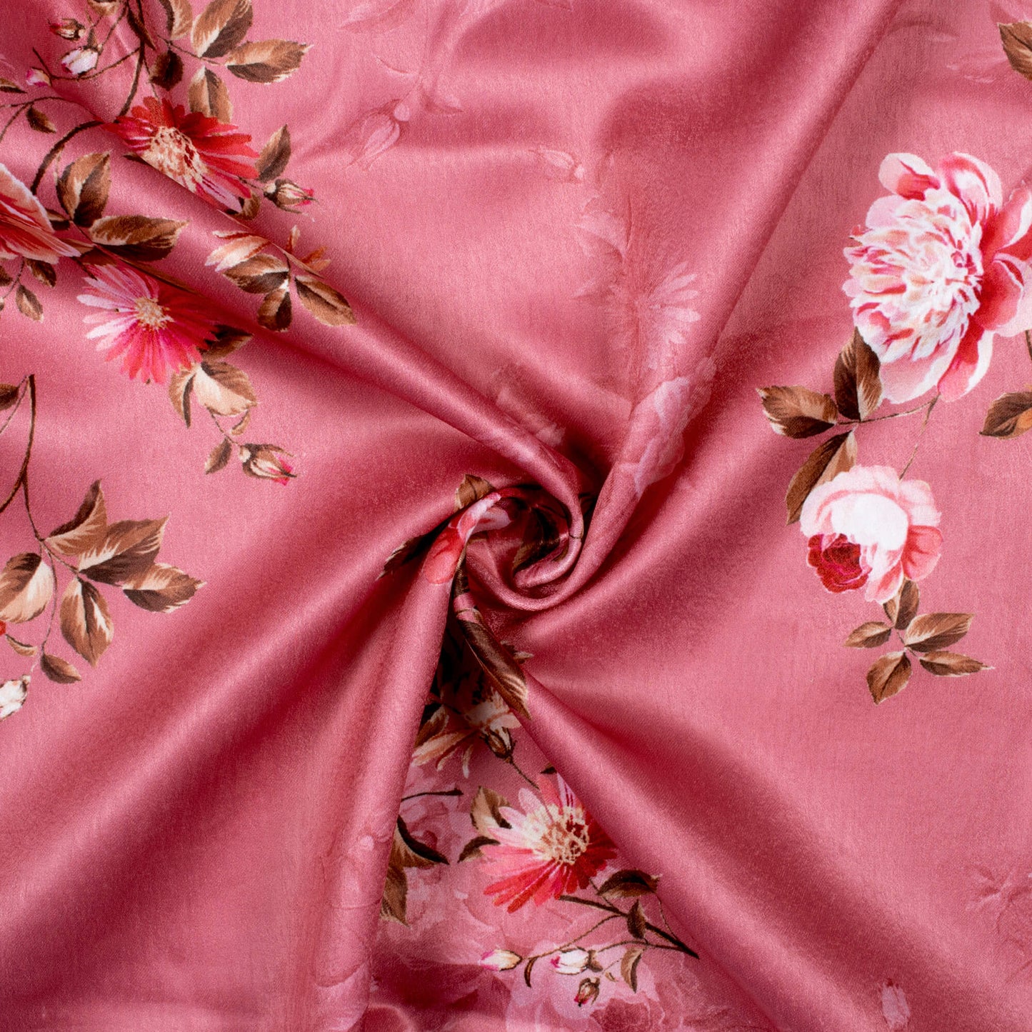 Watermelon Pink And Off White Floral Pattern Digital Print Lush Satin Fabric
