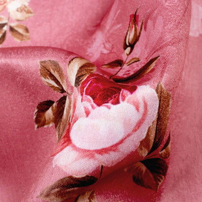 Watermelon Pink And Off White Floral Pattern Digital Print Lush Satin Fabric