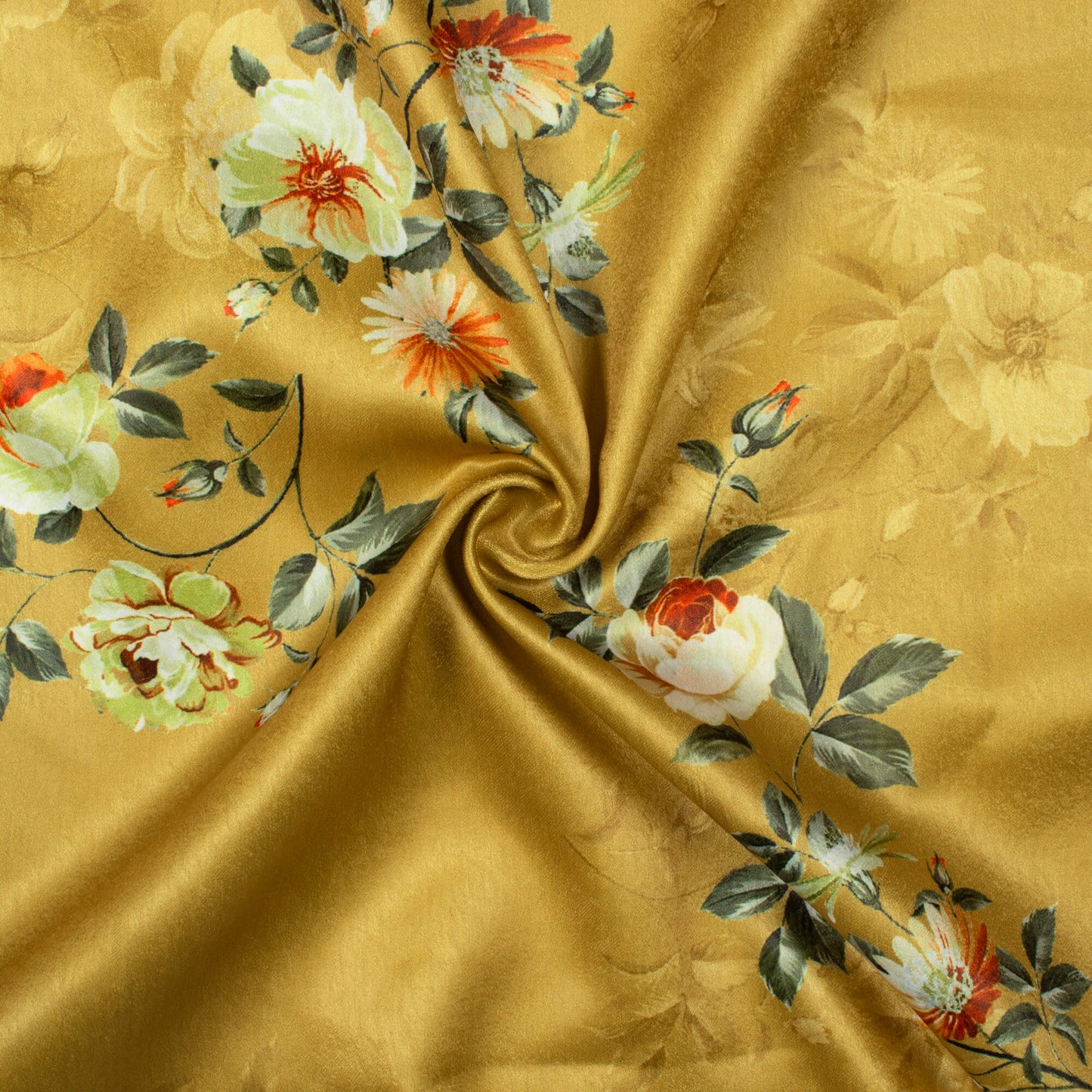 Dijon Yellow And Off White Floral Pattern Digital Print Lush Satin Fabric