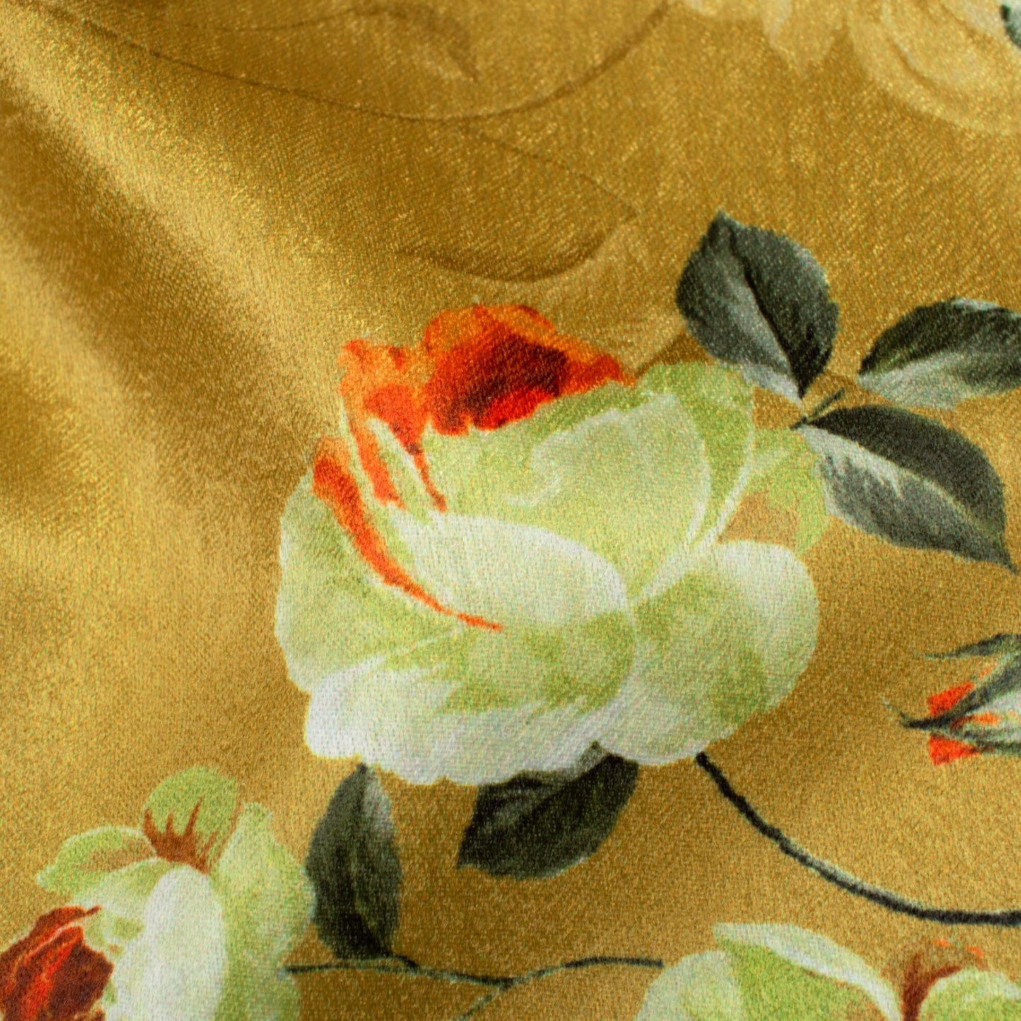 Dijon Yellow And Off White Floral Pattern Digital Print Lush Satin Fabric