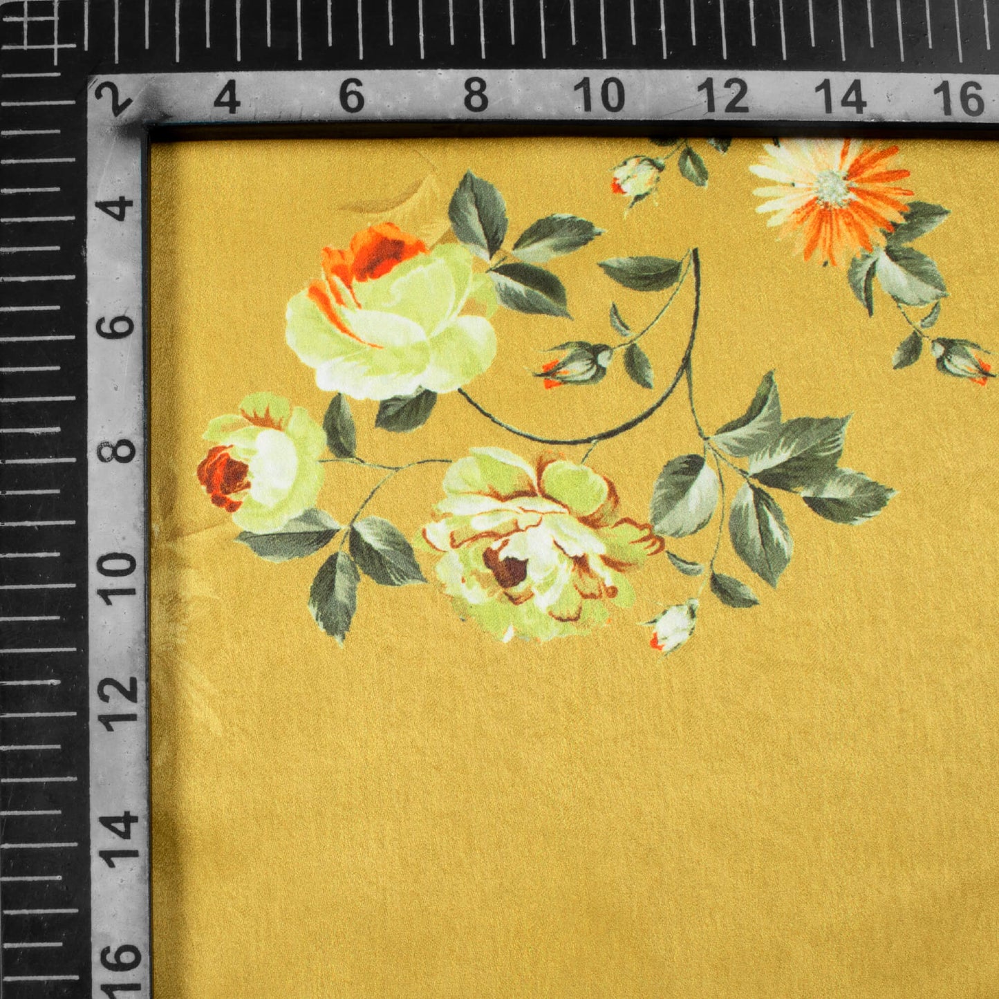 Dijon Yellow And Off White Floral Pattern Digital Print Lush Satin Fabric