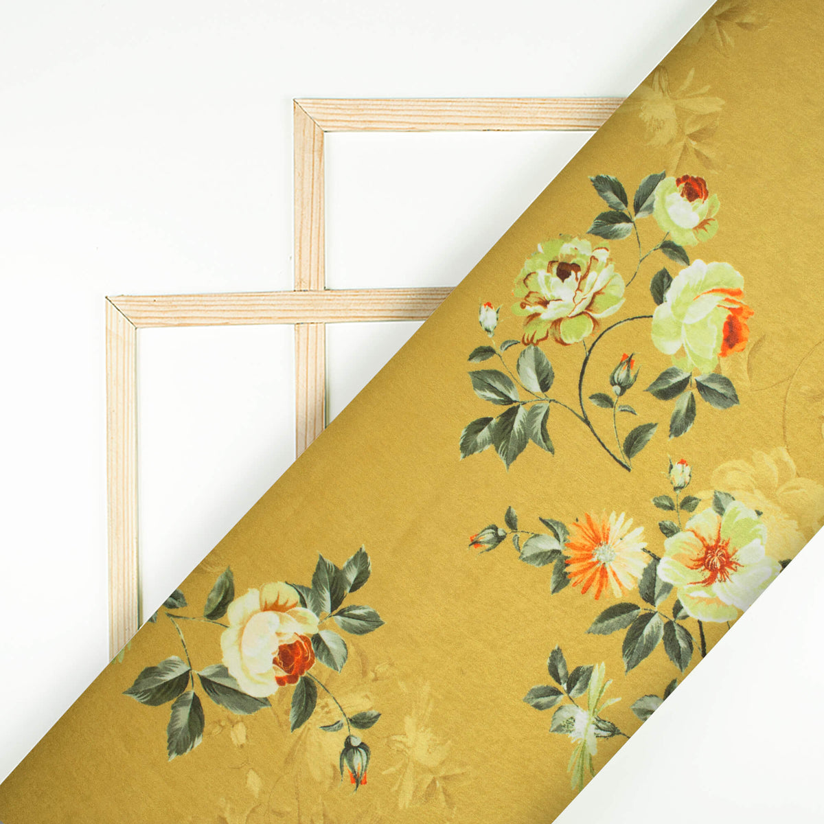 Dijon Yellow And Off White Floral Pattern Digital Print Lush Satin Fabric