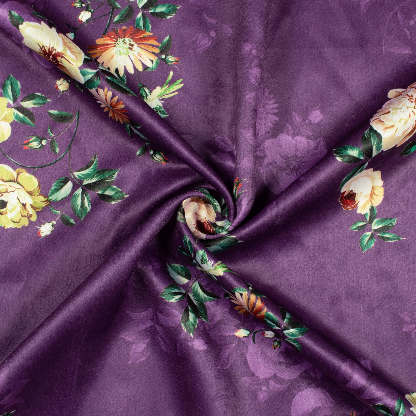 Eggplant Purple And Off White Floral Pattern Digital Print Lush Satin Fabric