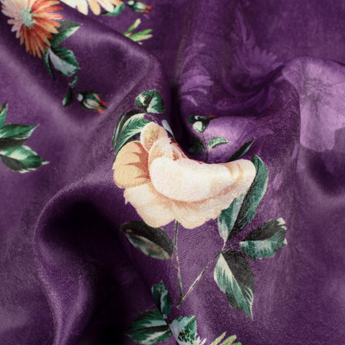 Eggplant Purple And Off White Floral Pattern Digital Print Lush Satin Fabric