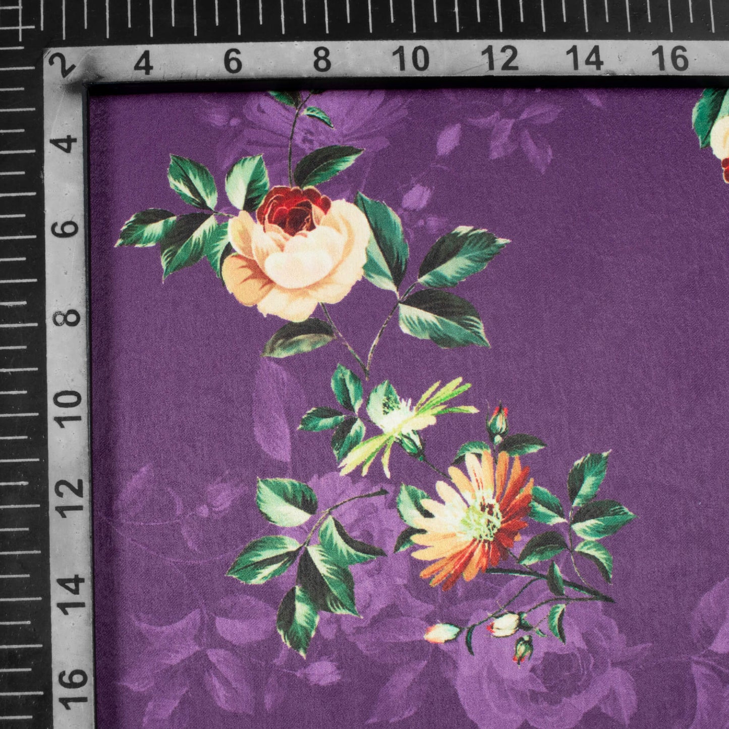 Eggplant Purple And Off White Floral Pattern Digital Print Lush Satin Fabric