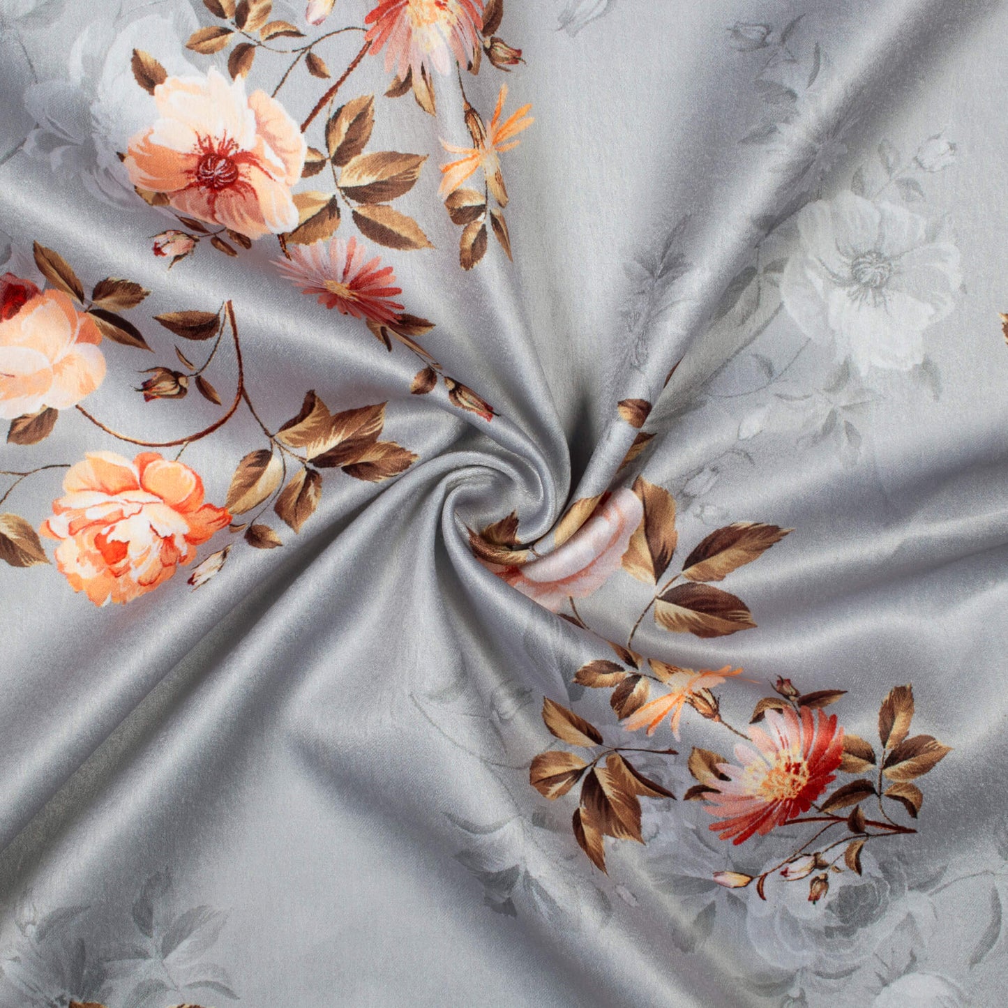 Dolphin Grey And Peach Floral Pattern Digital Print Lush Satin Fabric