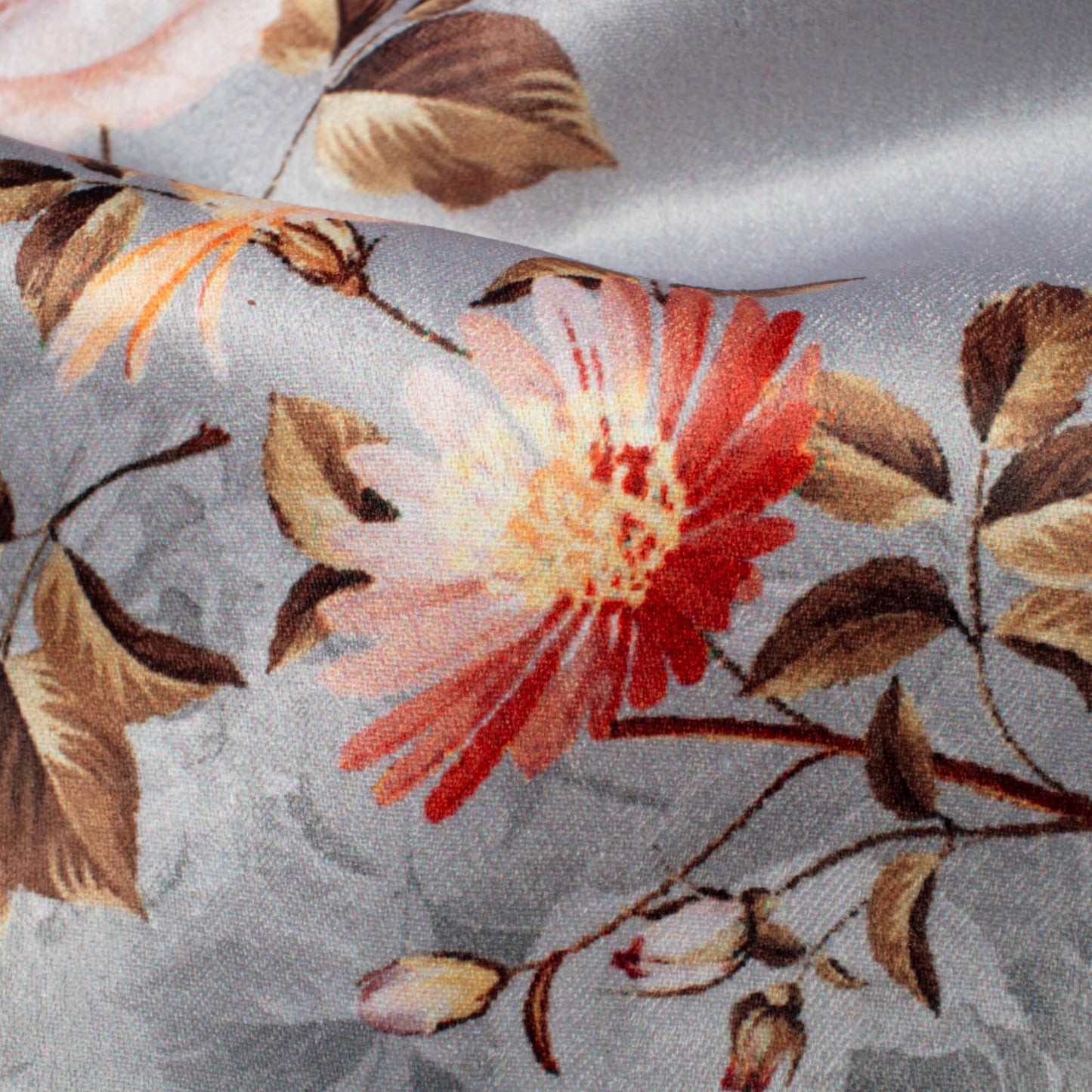 Dolphin Grey And Peach Floral Pattern Digital Print Lush Satin Fabric