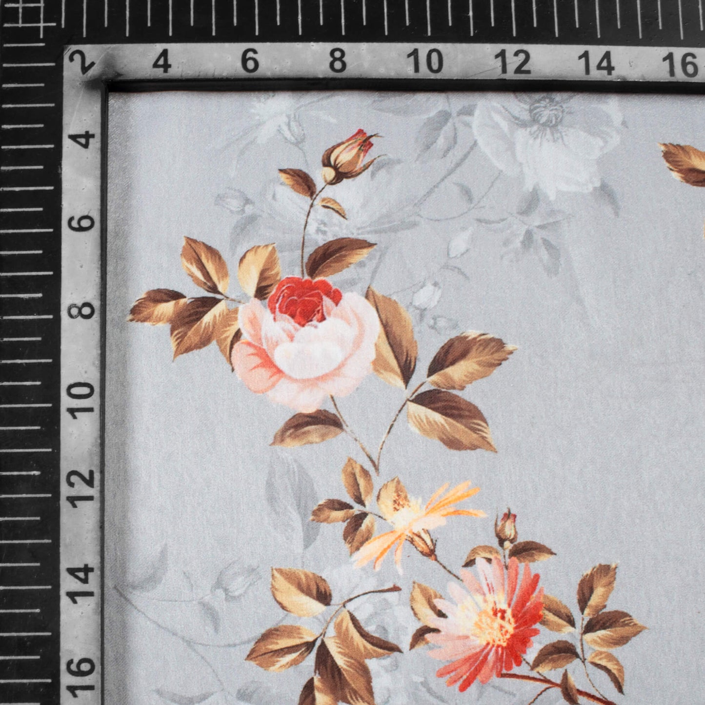 Dolphin Grey And Peach Floral Pattern Digital Print Lush Satin Fabric