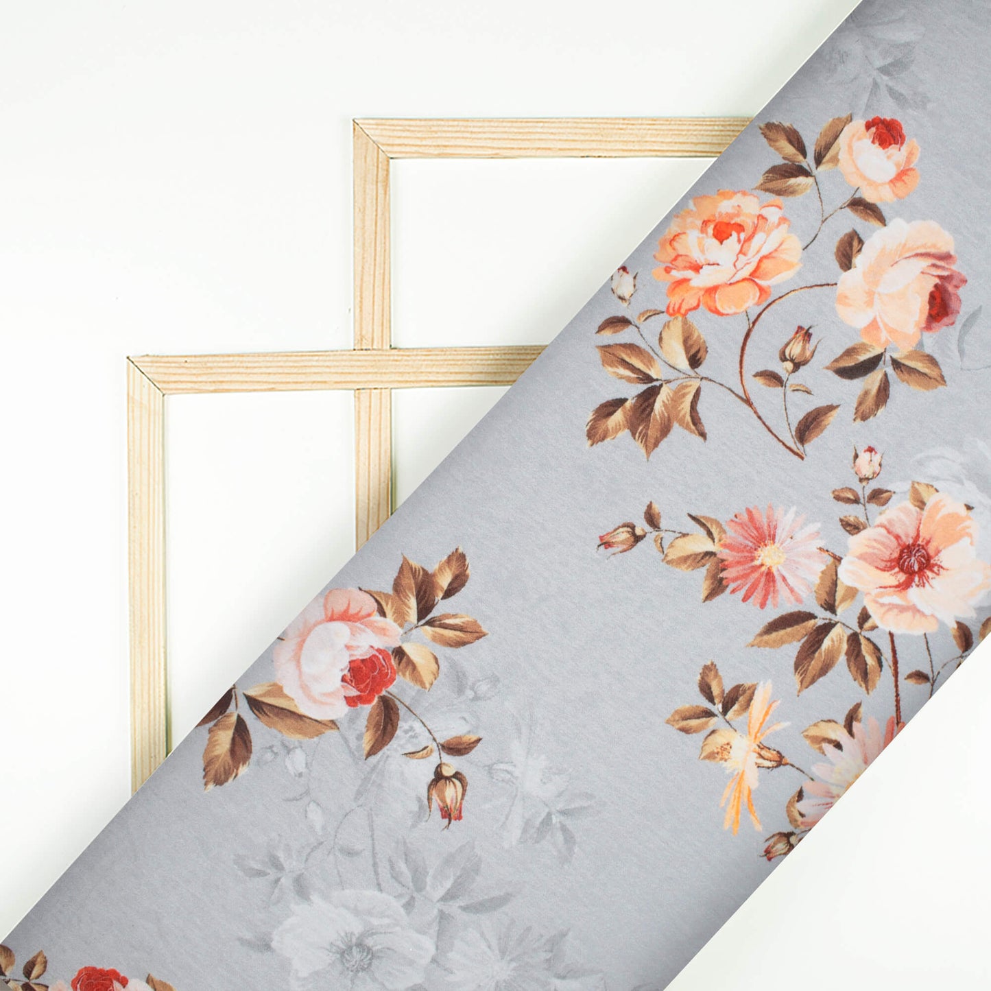 Dolphin Grey And Peach Floral Pattern Digital Print Lush Satin Fabric