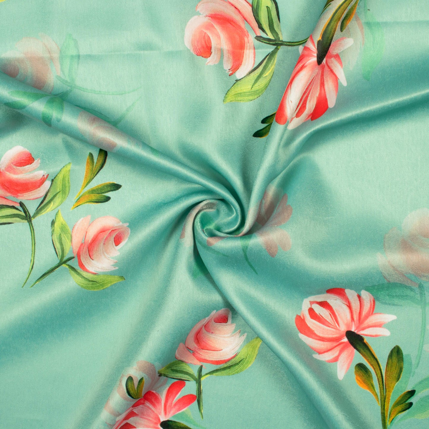 Mint Green And Pink Floral Pattern Digital Print Lush Satin Fabric