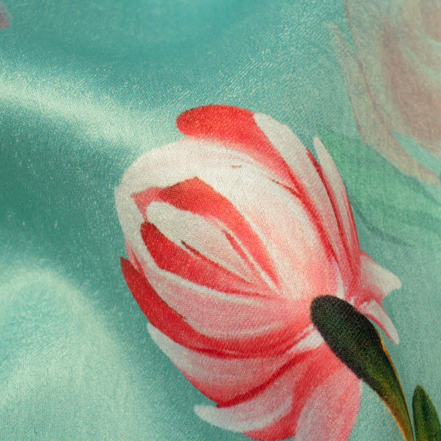 Mint Green And Pink Floral Pattern Digital Print Lush Satin Fabric