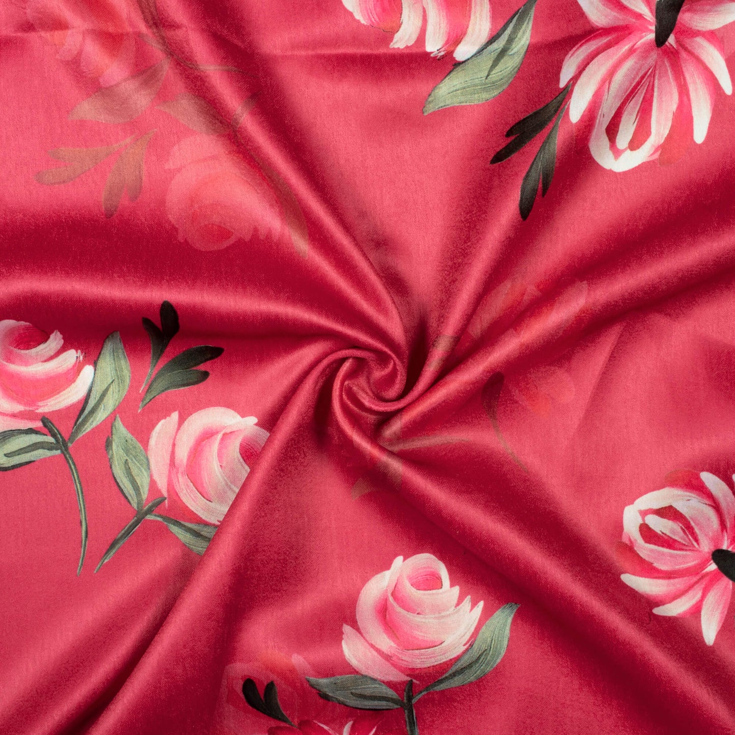 Punch Pink And Green Floral Pattern Digital Print Lush Satin Fabric