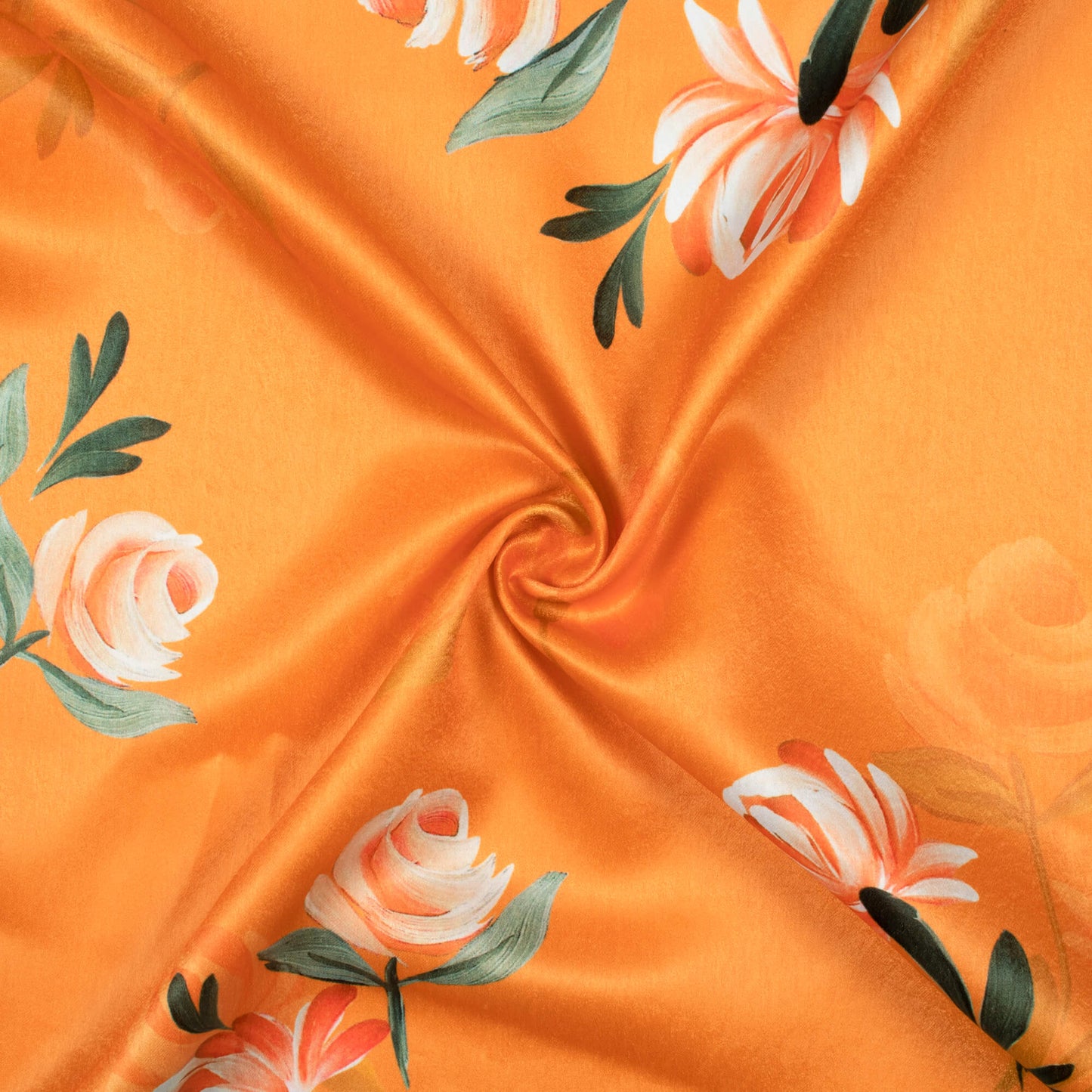 Carrot Orange And Salmon Pink Floral Pattern Digital Print Lush Satin Fabric