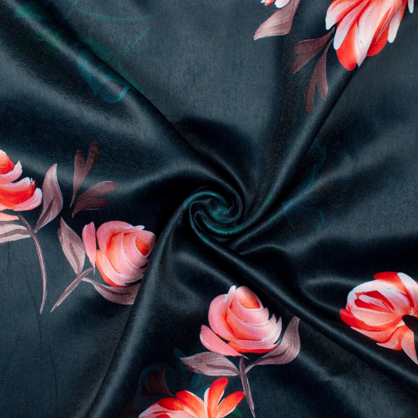 Dark Green And Pink Floral Pattern Digital Print Lush Satin Fabric