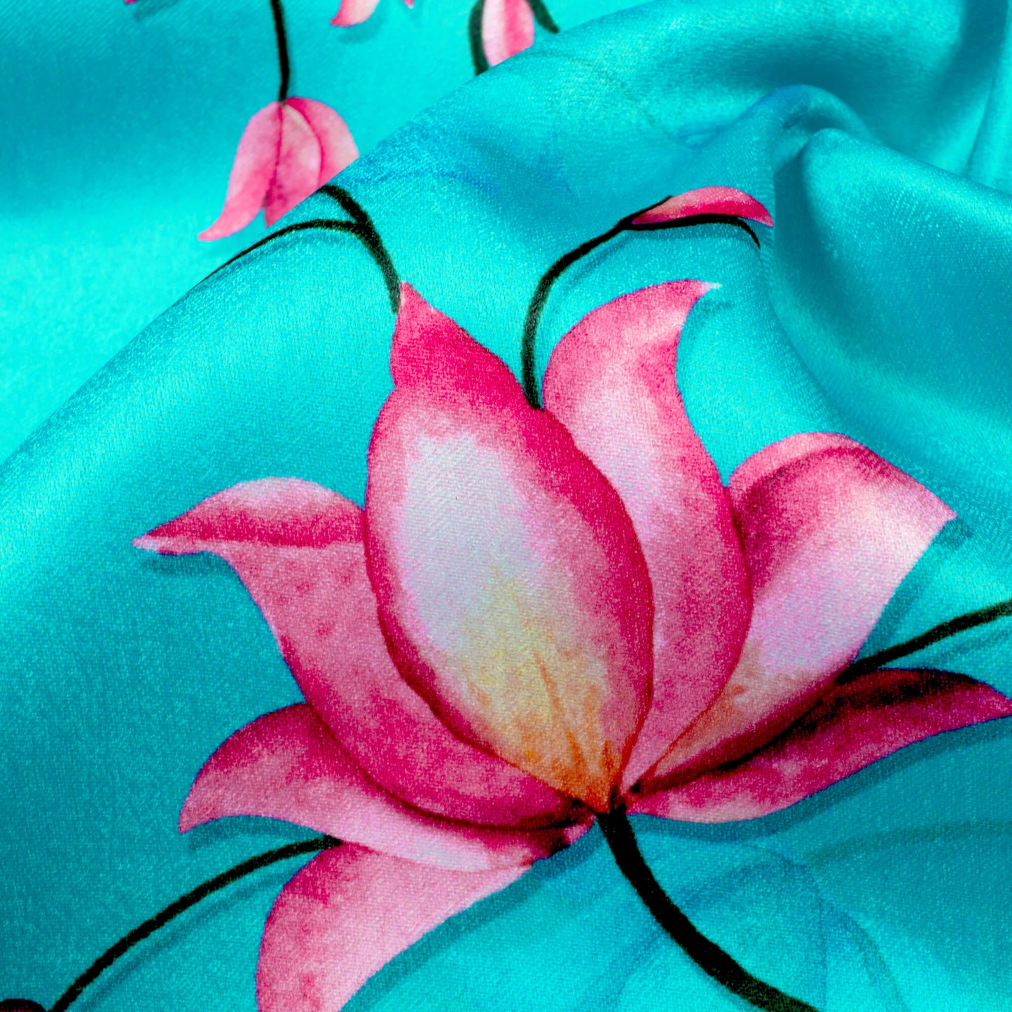Aqua Blue And Pink Floral Pattern Digital Print Lush Satin Fabric