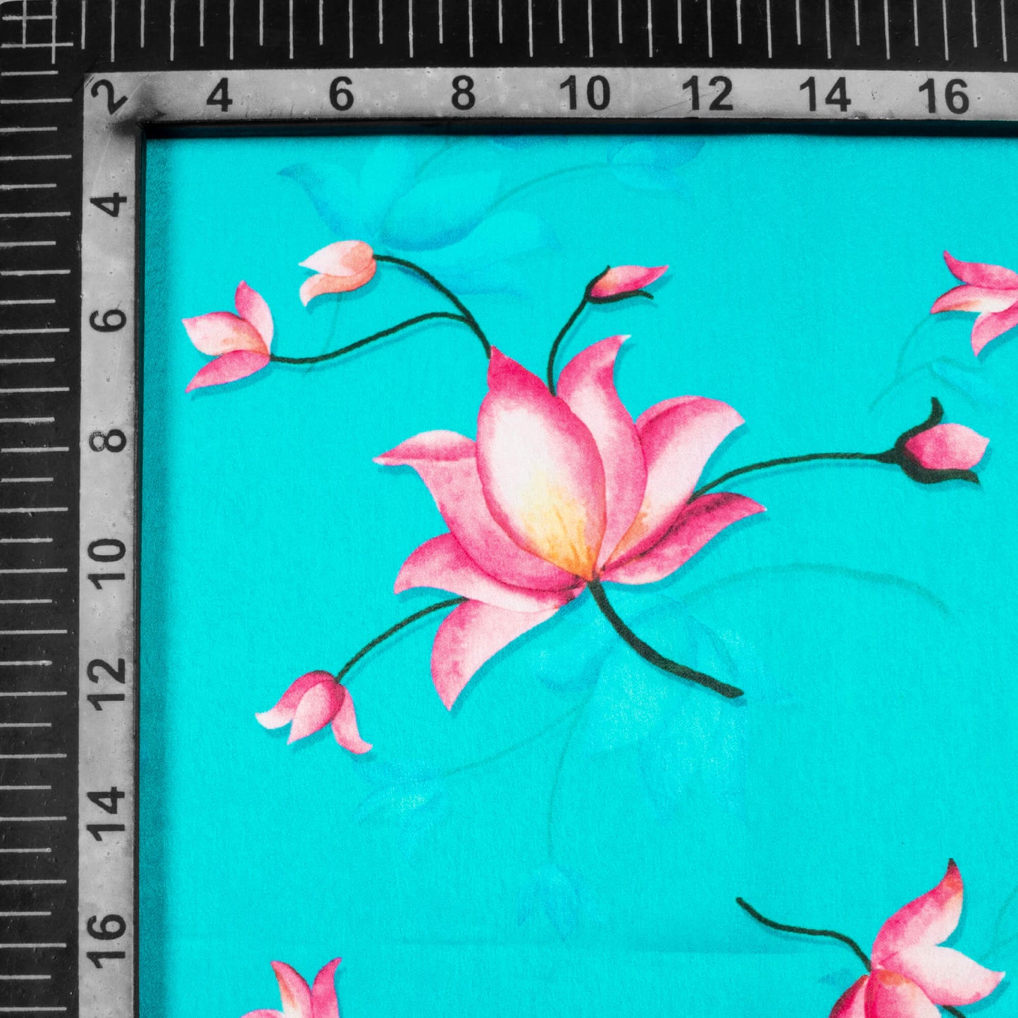 Aqua Blue And Pink Floral Pattern Digital Print Lush Satin Fabric