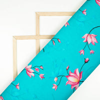 Aqua Blue And Pink Floral Pattern Digital Print Lush Satin Fabric