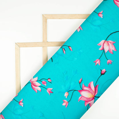 Aqua Blue And Pink Floral Pattern Digital Print Lush Satin Fabric