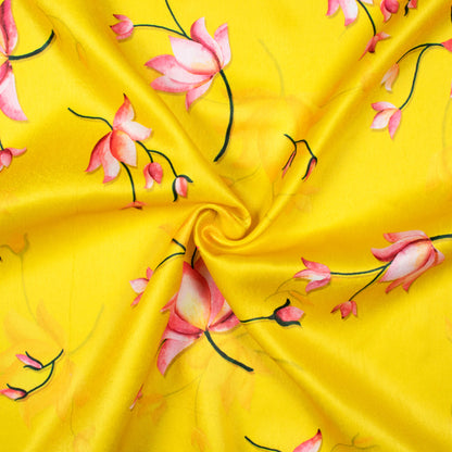 Bumblebee Yellow And Pink Floral Pattern Digital Print Lush Satin Fabric