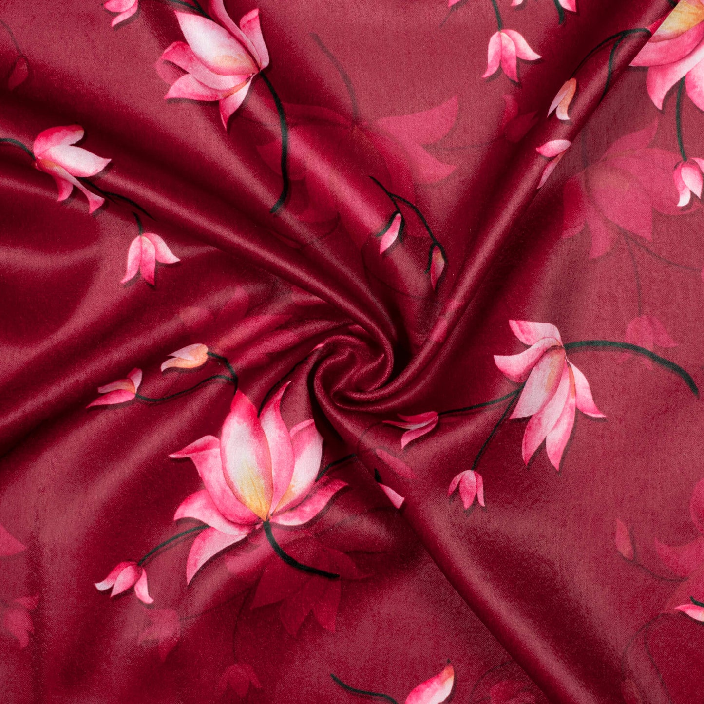 Wine Purple And Pink Floral Pattern Digital Print Lush Satin Fabric
