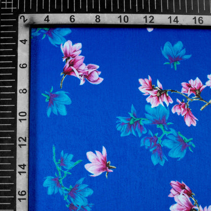 Cobalt Blue And Pink Floral Pattern Digital Print Lush Satin Fabric