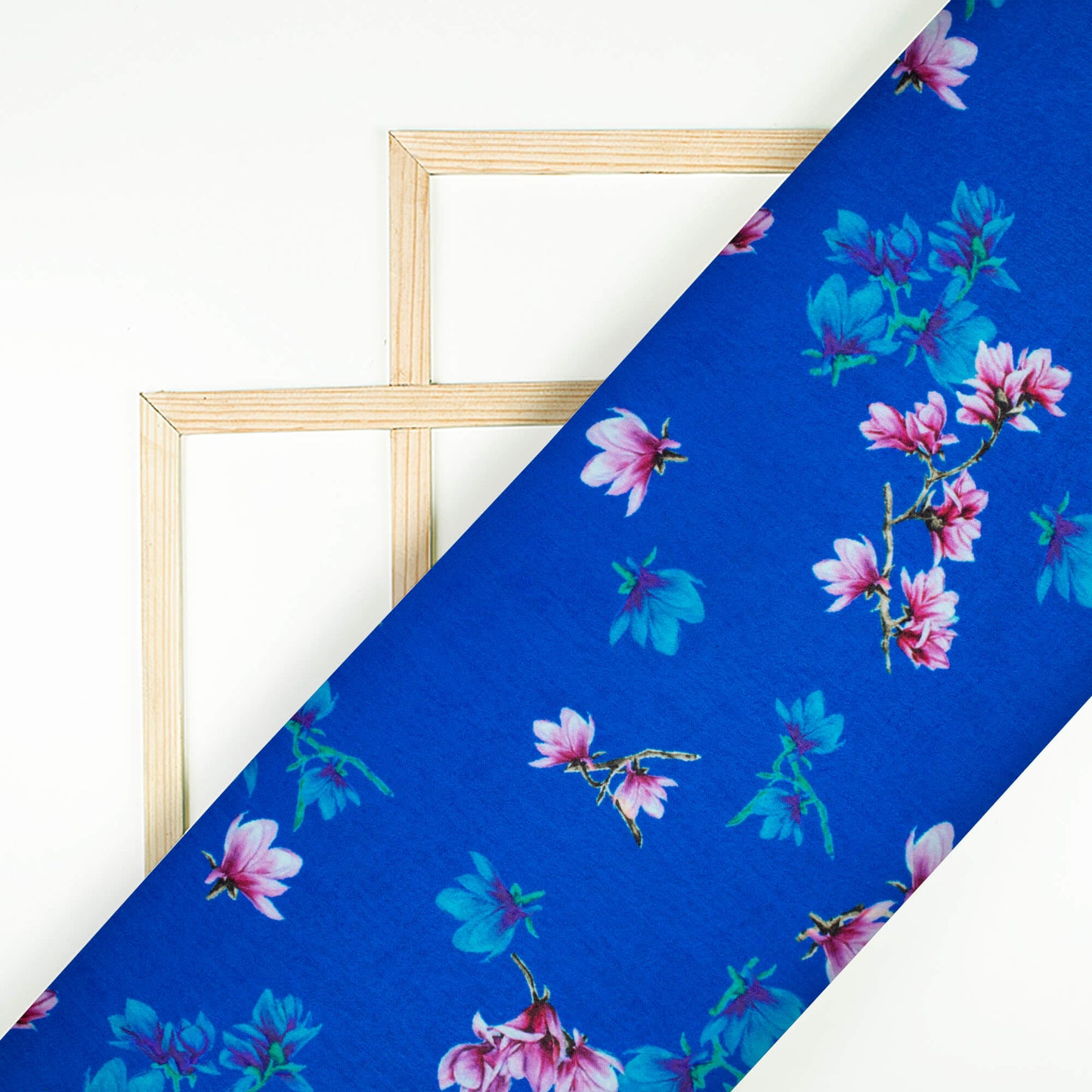 Cobalt Blue And Pink Floral Pattern Digital Print Lush Satin Fabric