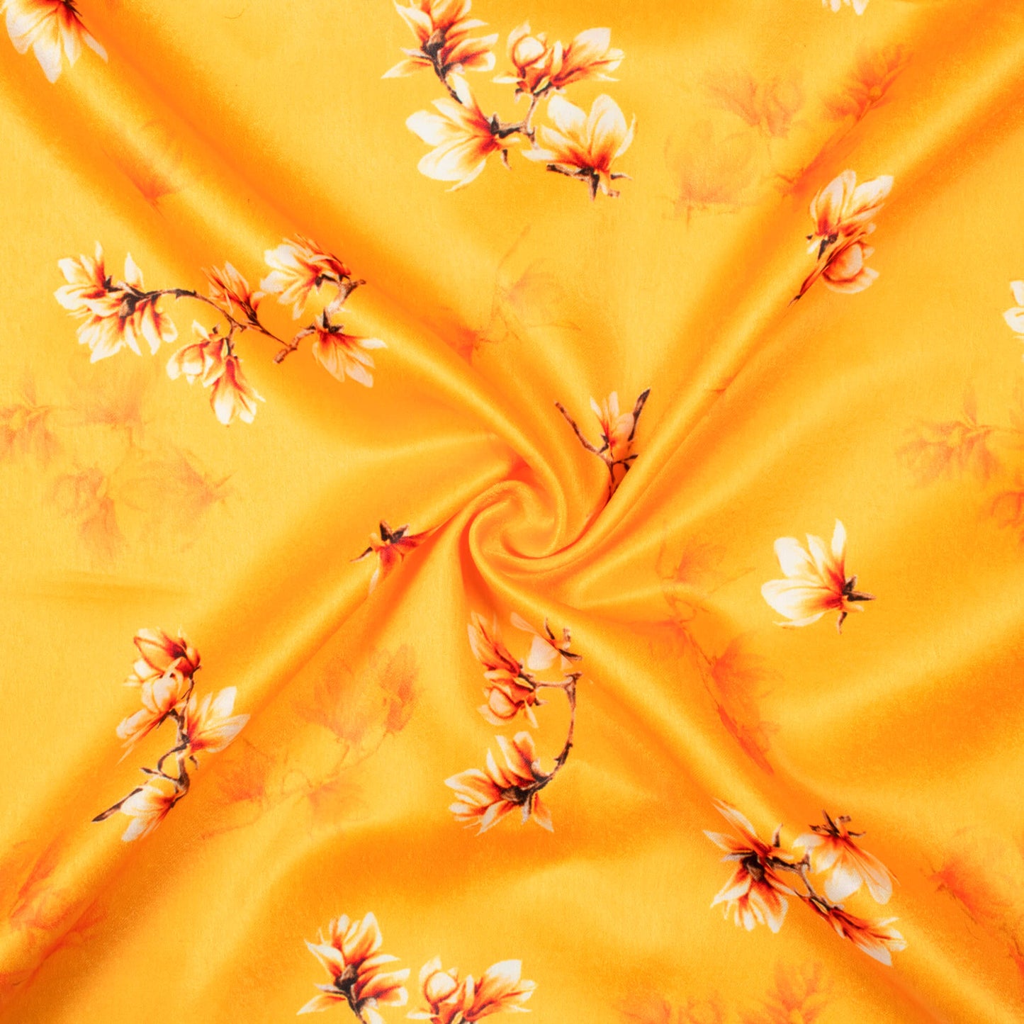 Honey Yellow And Cream Floral Pattern Digital Print Lush Satin Fabric