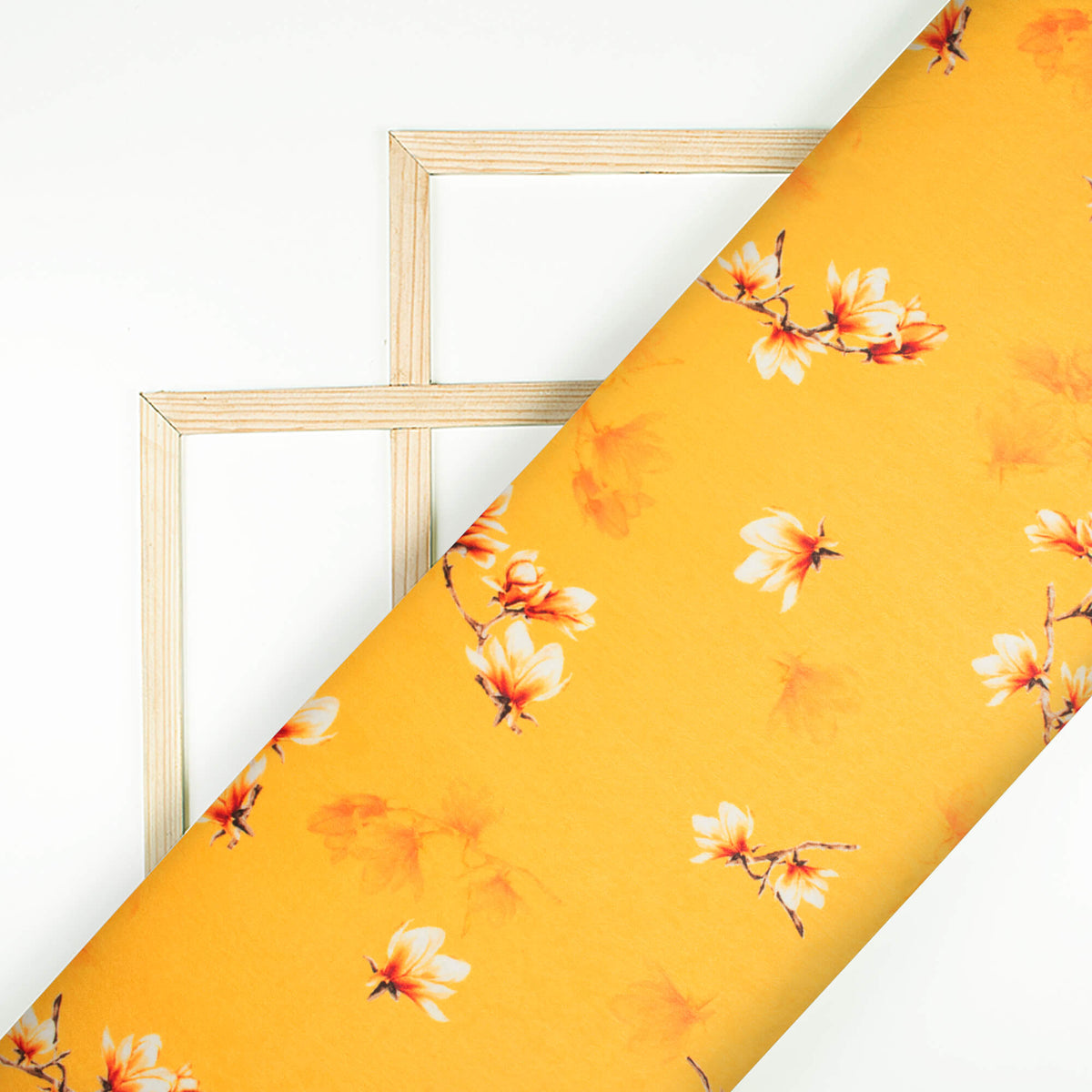 Honey Yellow And Cream Floral Pattern Digital Print Lush Satin Fabric