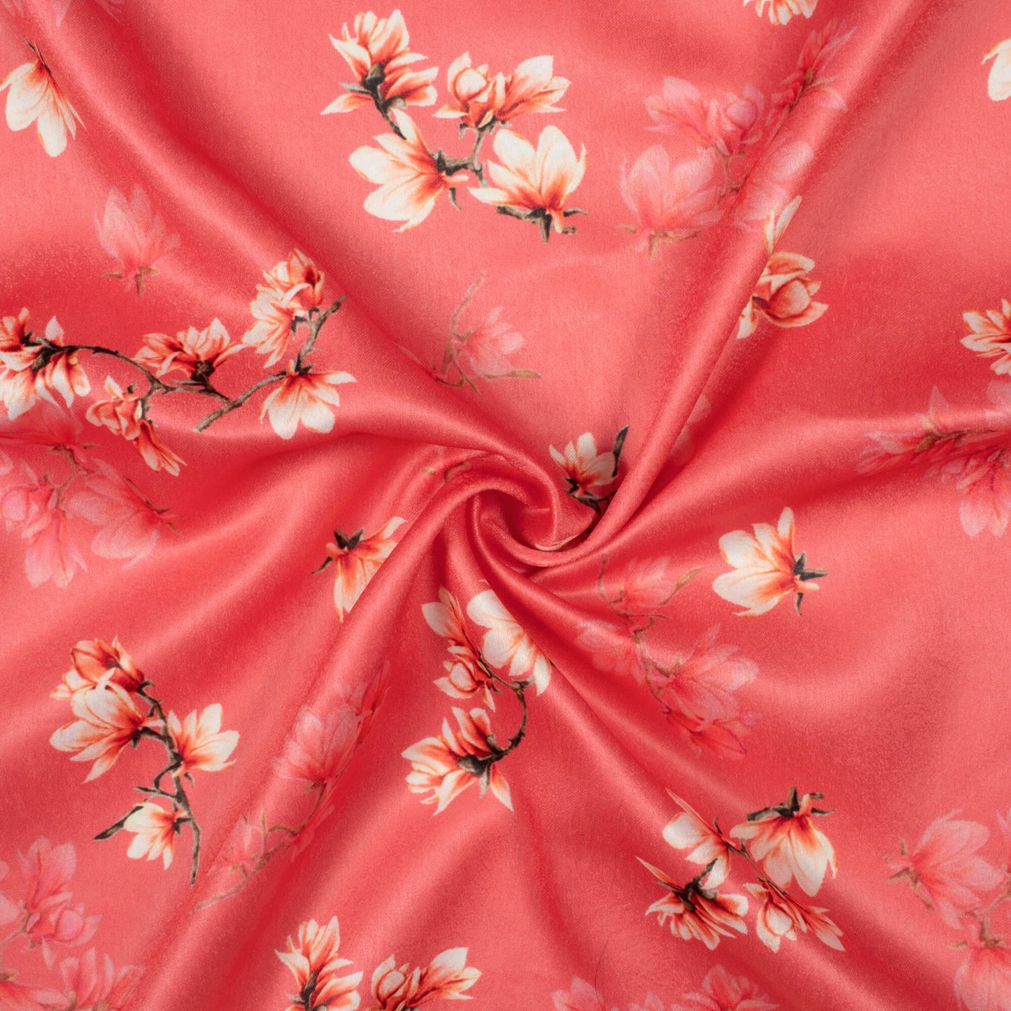 Brick Pink And Cream Floral Pattern Digital Print Lush Satin Fabric