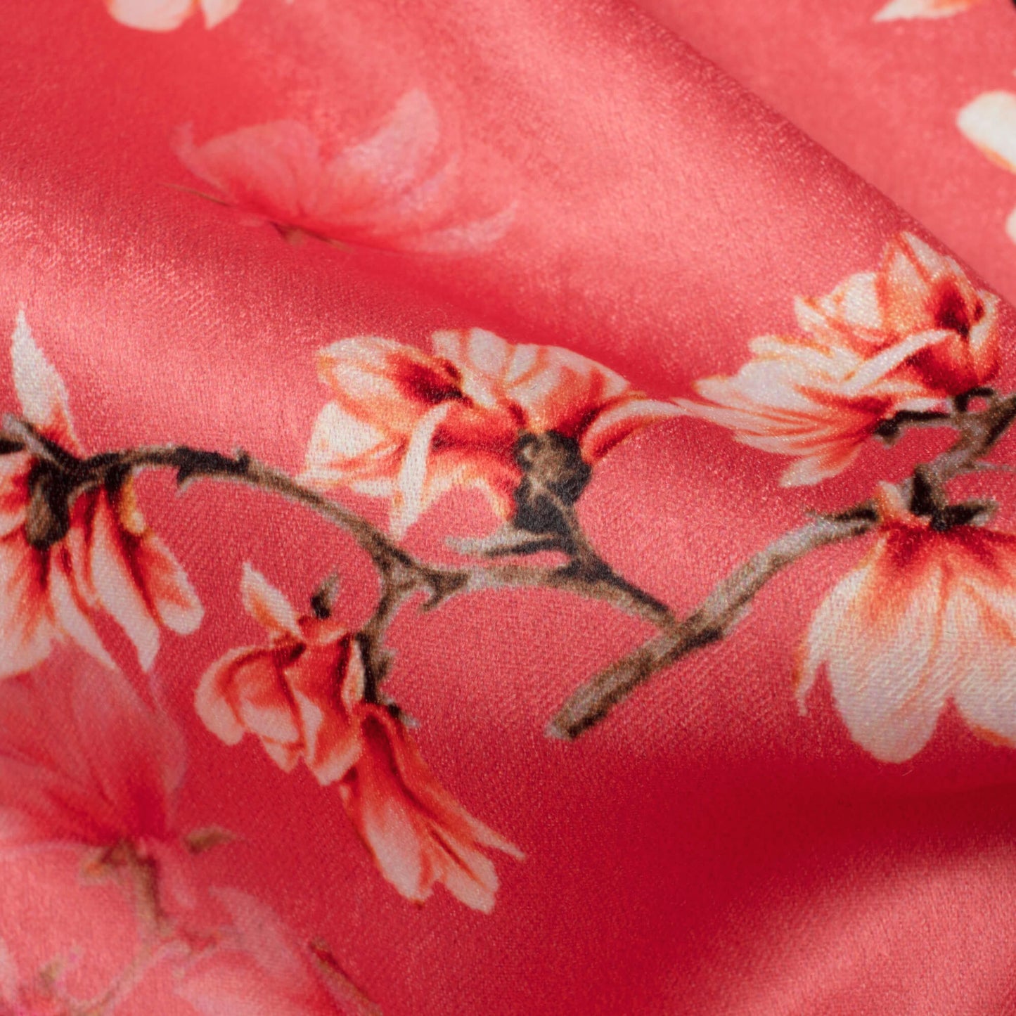 Brick Pink And Cream Floral Pattern Digital Print Lush Satin Fabric