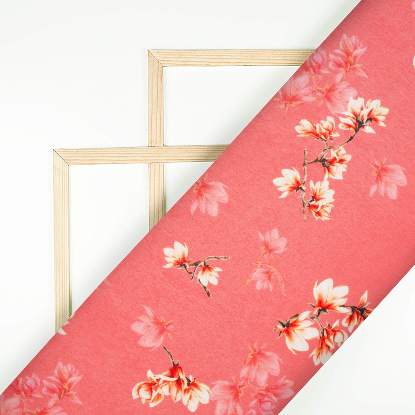 Brick Pink And Cream Floral Pattern Digital Print Lush Satin Fabric