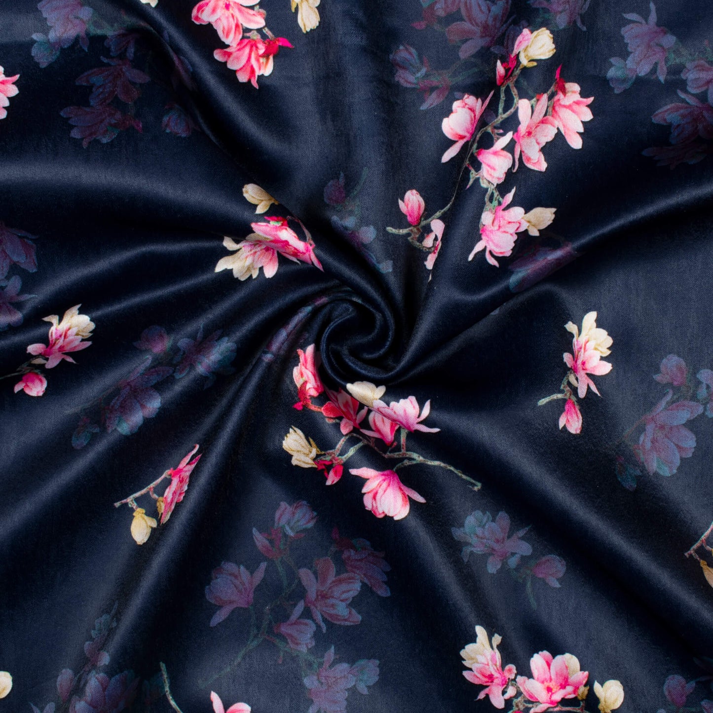 Space Blue And Pink Floral Pattern Digital Print Lush Satin Fabric