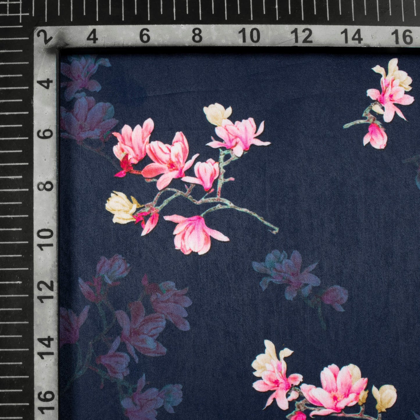 Space Blue And Pink Floral Pattern Digital Print Lush Satin Fabric