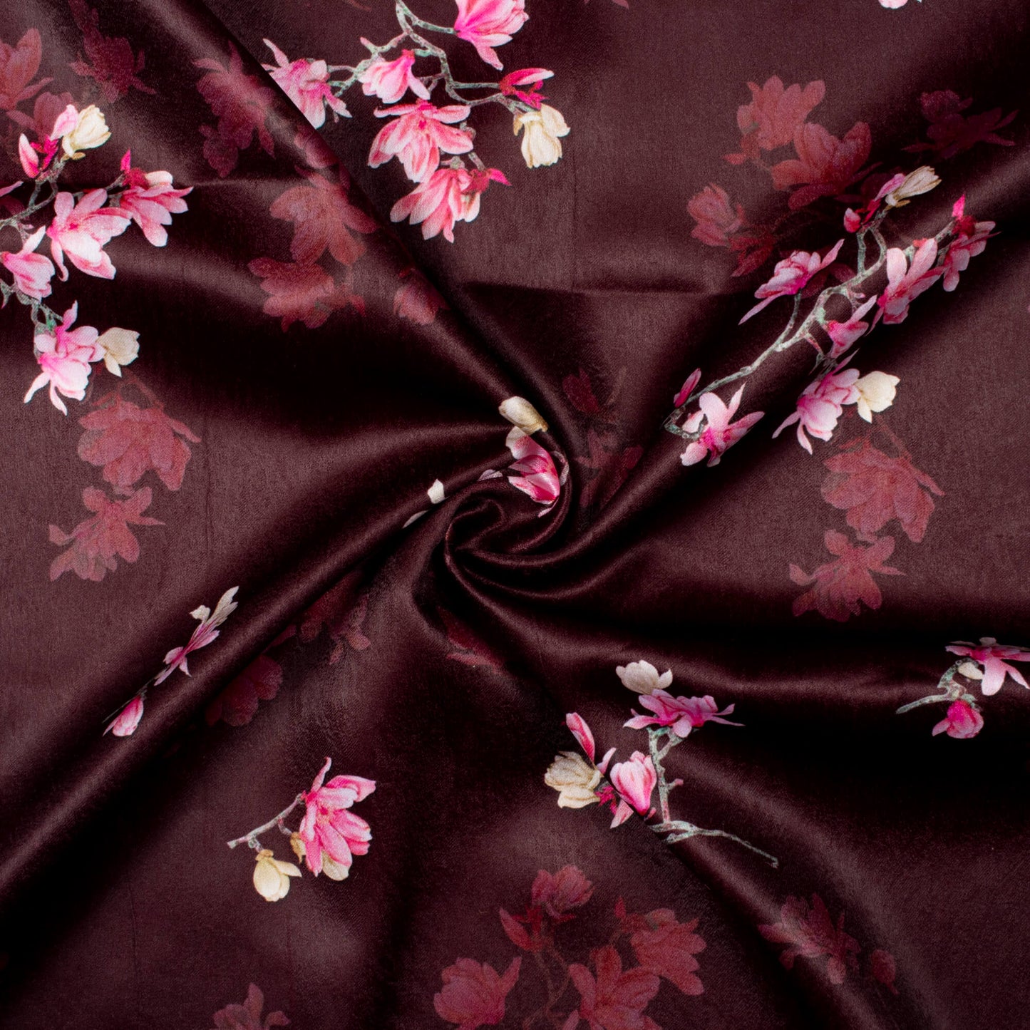 Dark Brown And Pink Floral Pattern Digital Print Lush Satin Fabric