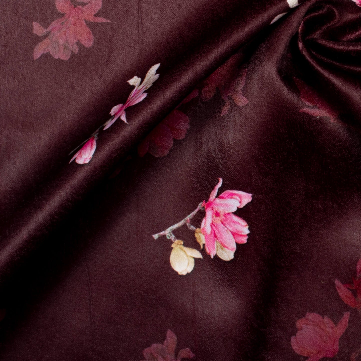 Dark Brown And Pink Floral Pattern Digital Print Lush Satin Fabric