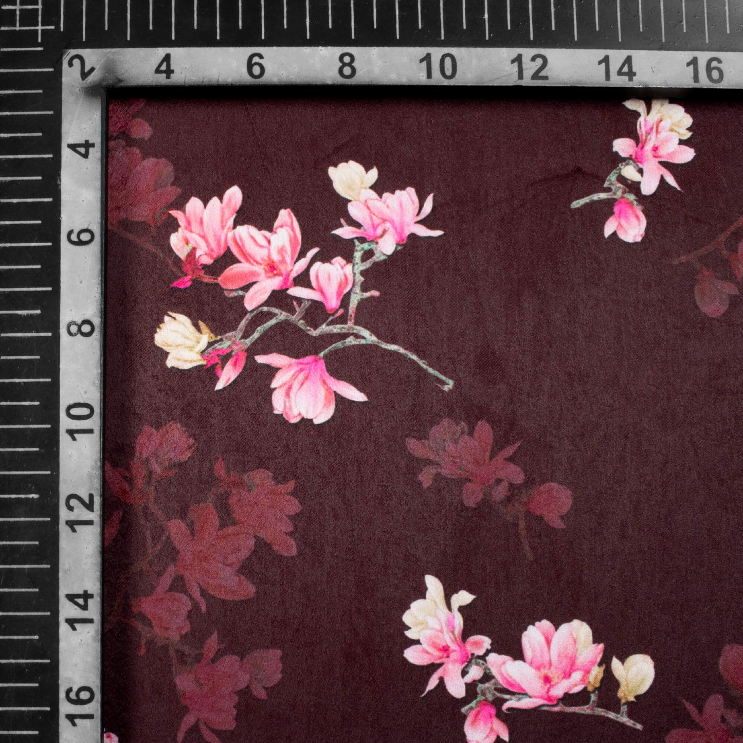 Dark Brown And Pink Floral Pattern Digital Print Lush Satin Fabric