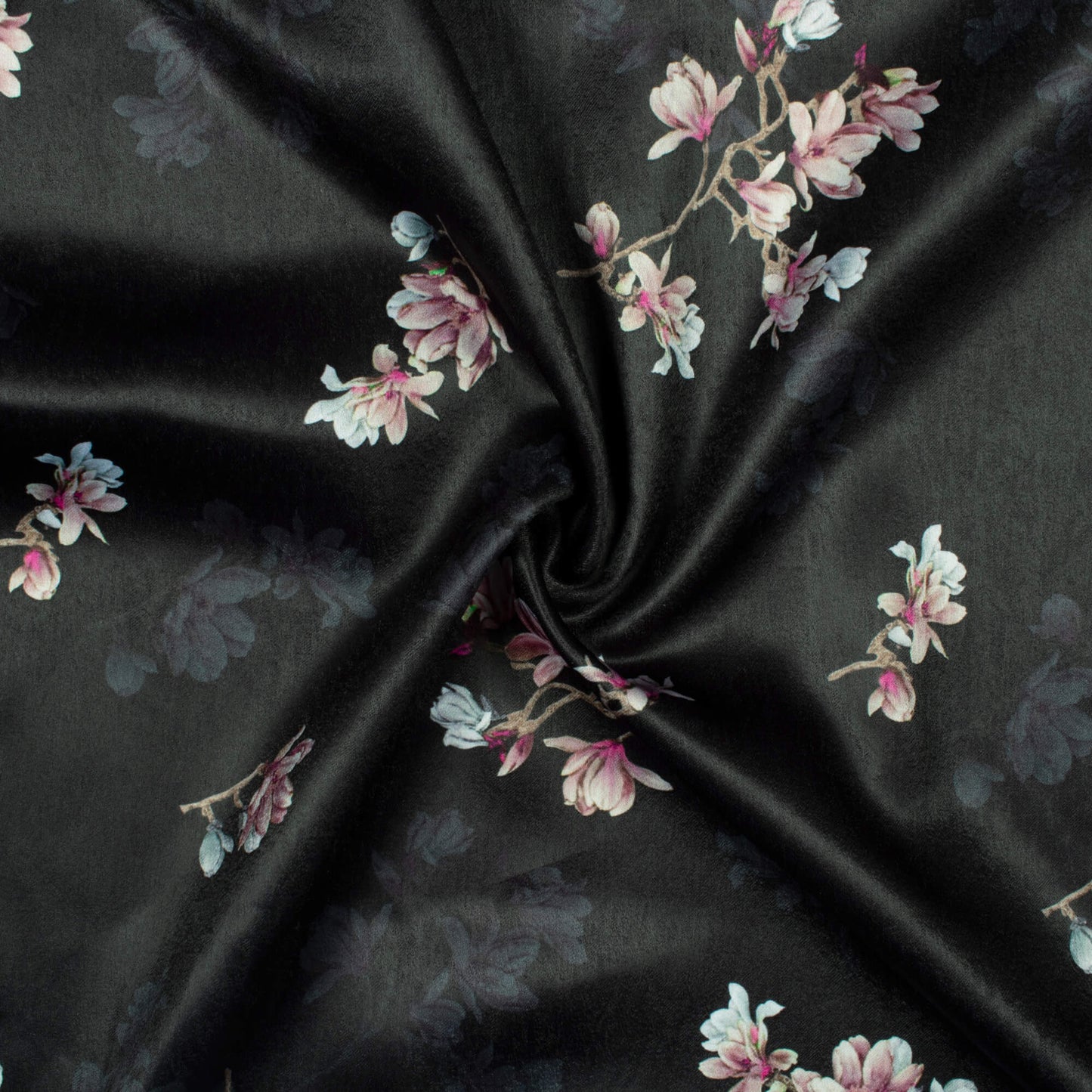 Black And Pink Floral Pattern Digital Print Lush Satin Fabric