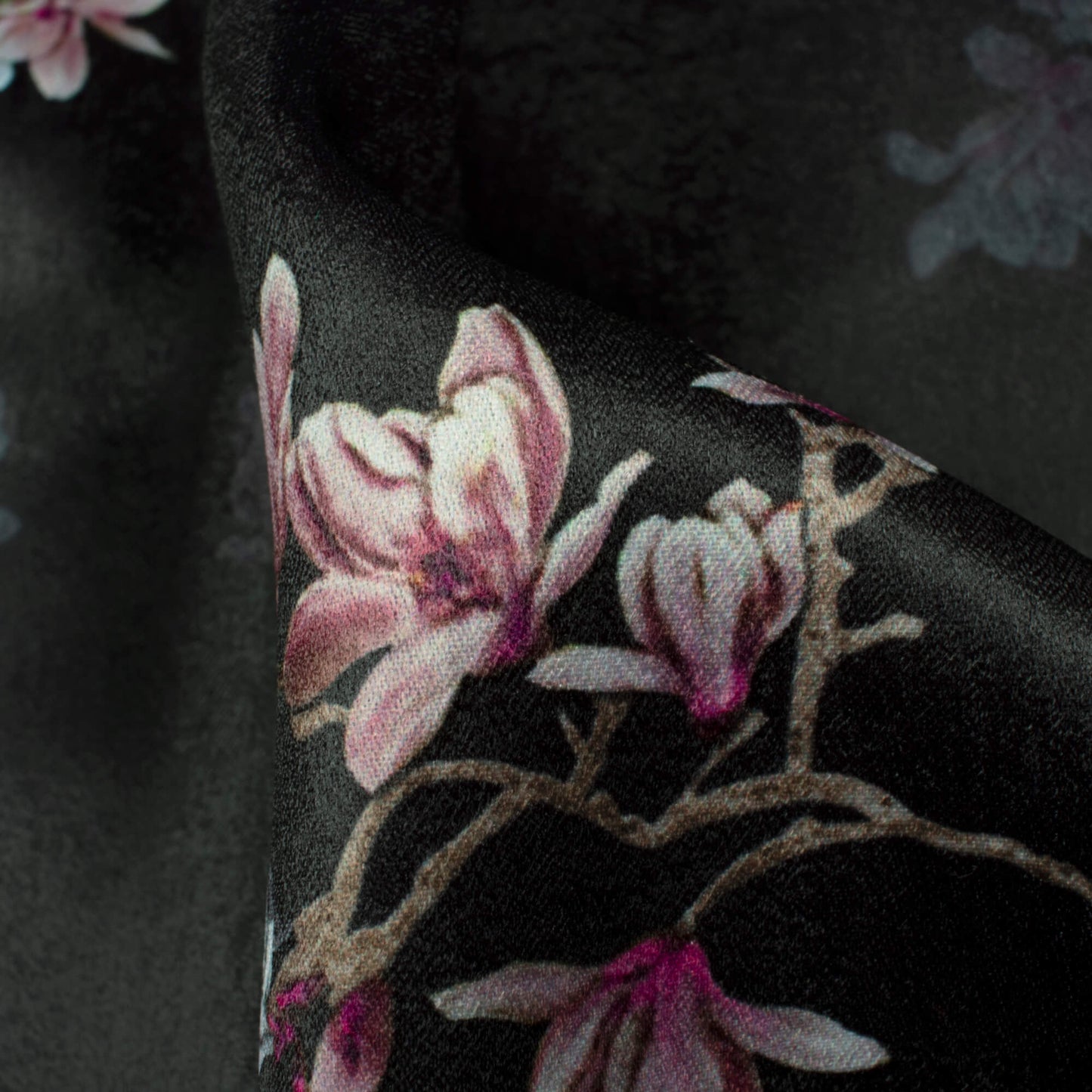 Black And Pink Floral Pattern Digital Print Lush Satin Fabric