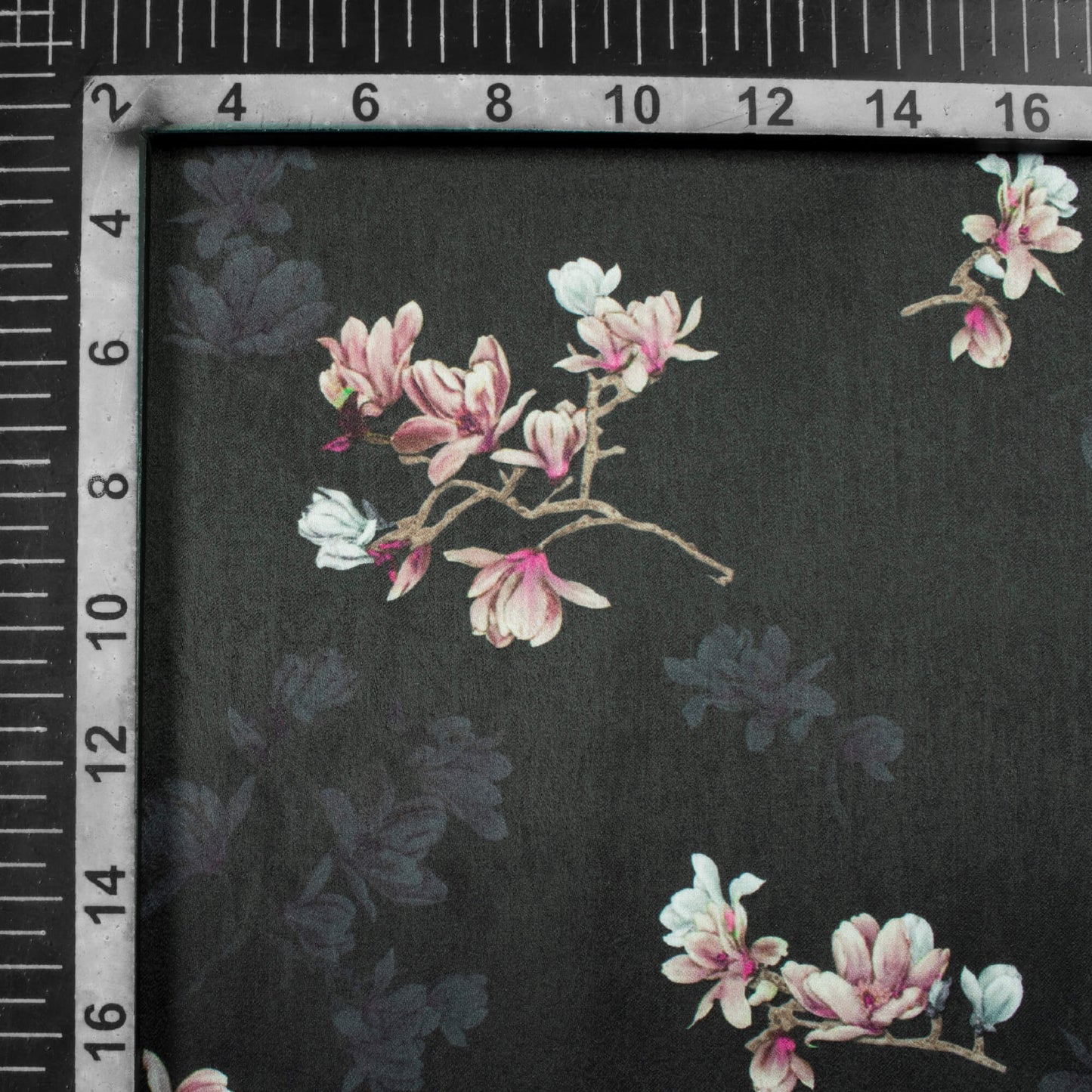 Black And Pink Floral Pattern Digital Print Lush Satin Fabric