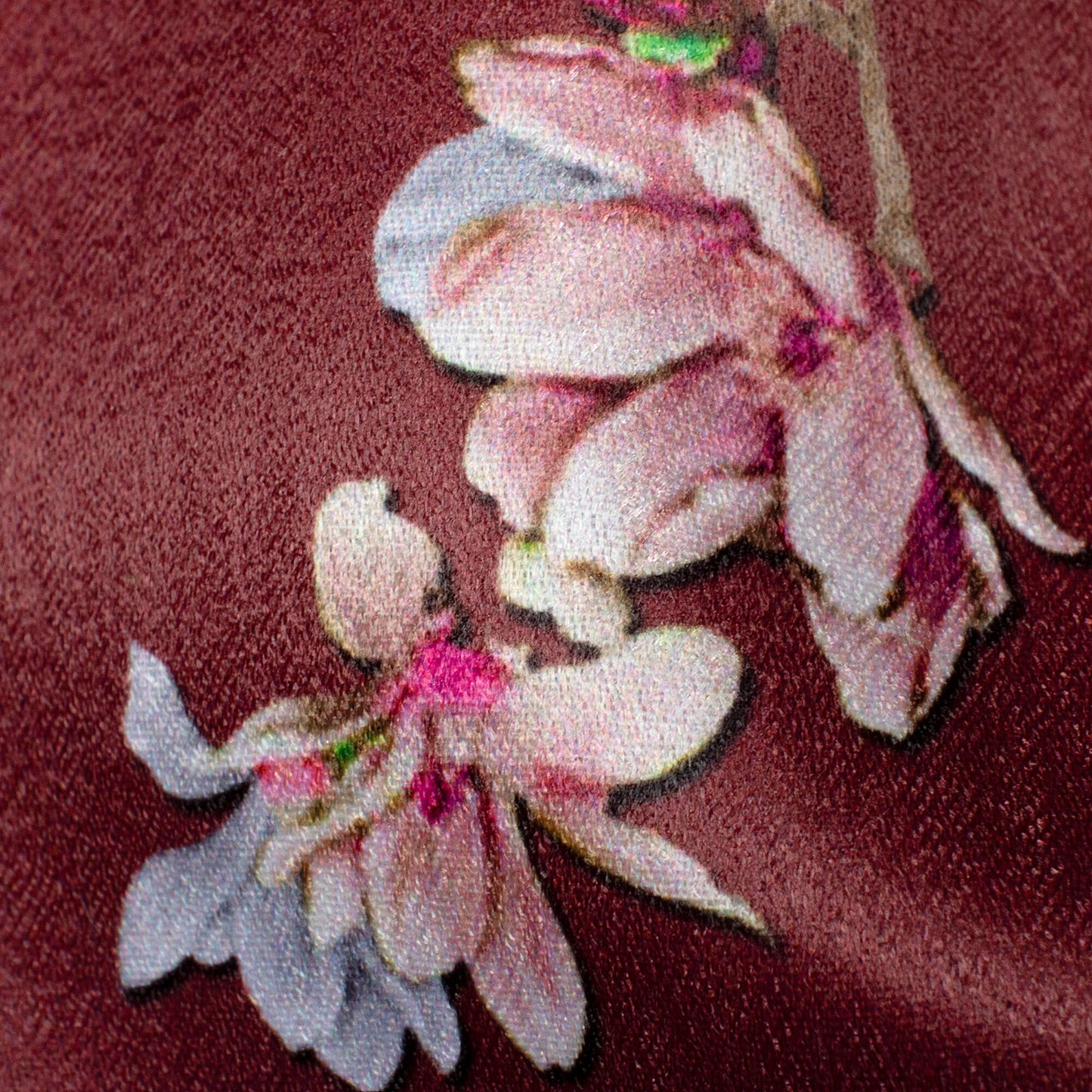 Mahogany Brown And Pink Floral Pattern Digital Print Lush Satin Fabric