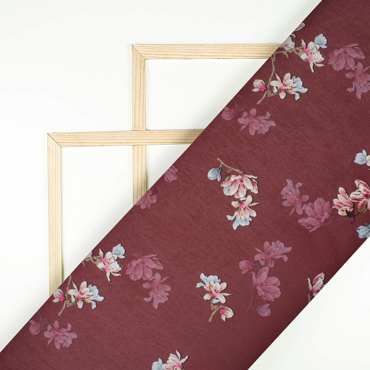 Mahogany Brown And Pink Floral Pattern Digital Print Lush Satin Fabric