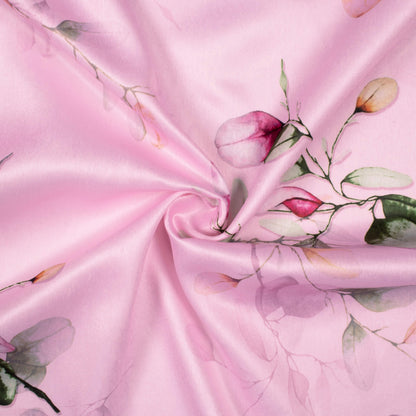 Taffy Pink And Green Floral Pattern Digital Print Lush Satin Fabric
