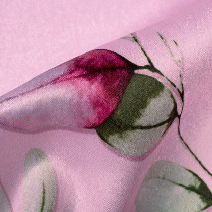 Taffy Pink And Green Floral Pattern Digital Print Lush Satin Fabric